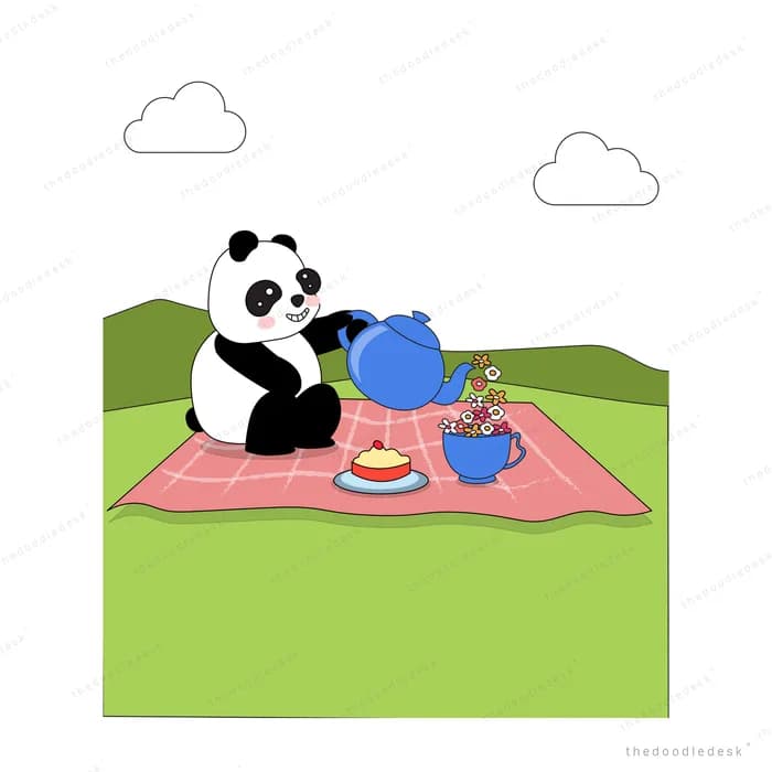 Panda pouring tea at a picnic blanket spread on a green lawn