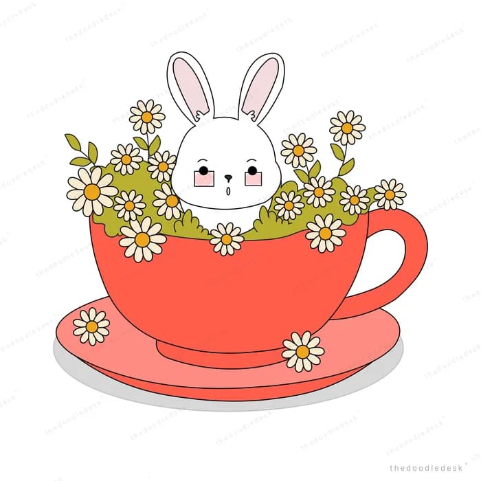 White rabbit sitting inside a red teacup filled with daisies