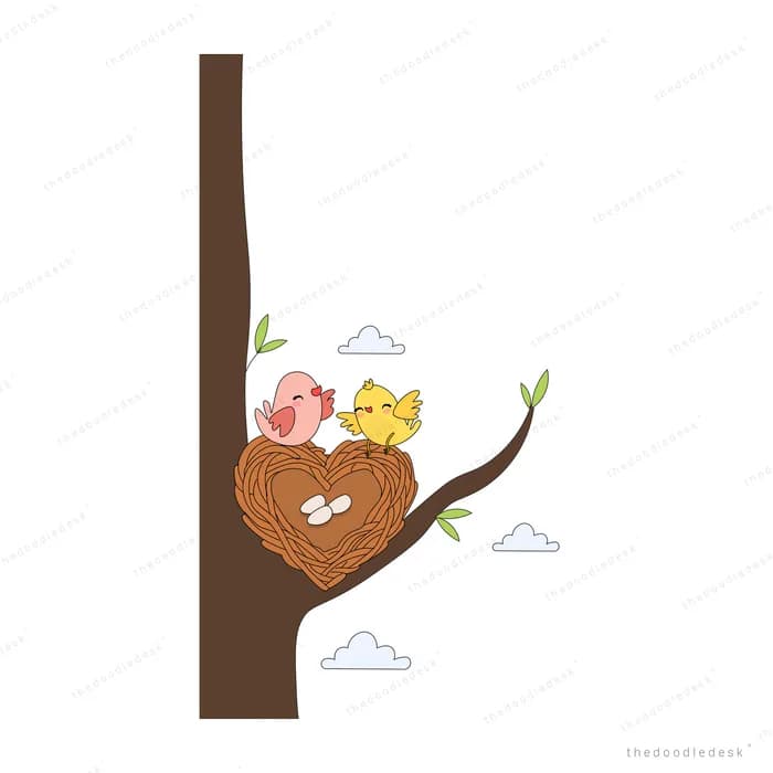 Two small birds beside a heart-shaped nest of eggs on a tree trunk