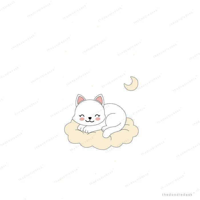 White cat curled asleep on a small cloud under a crescent moon