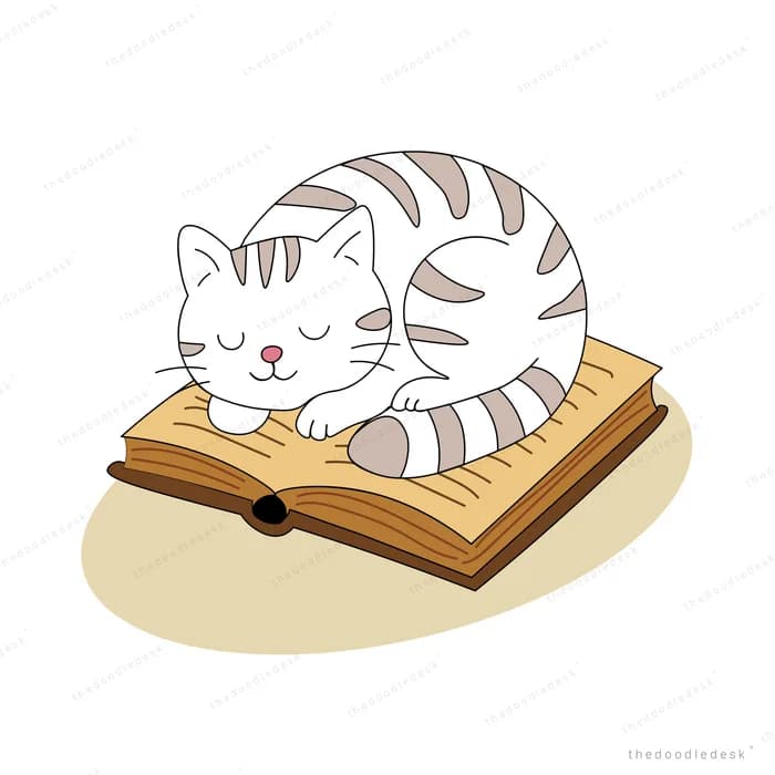 Grey striped cat asleep on an open book