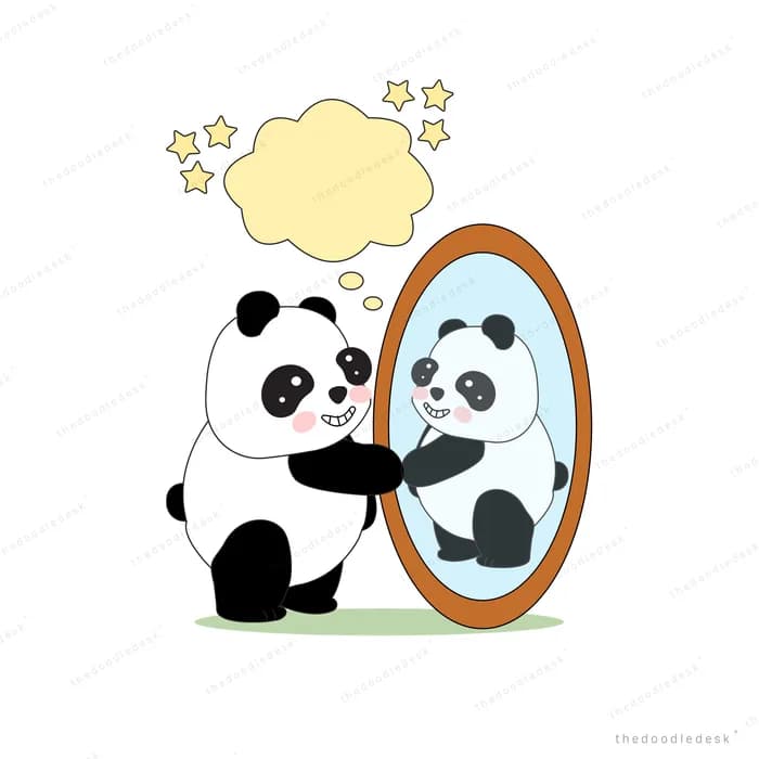 Panda looking into a mirror at its reflection with a starry thought bubble