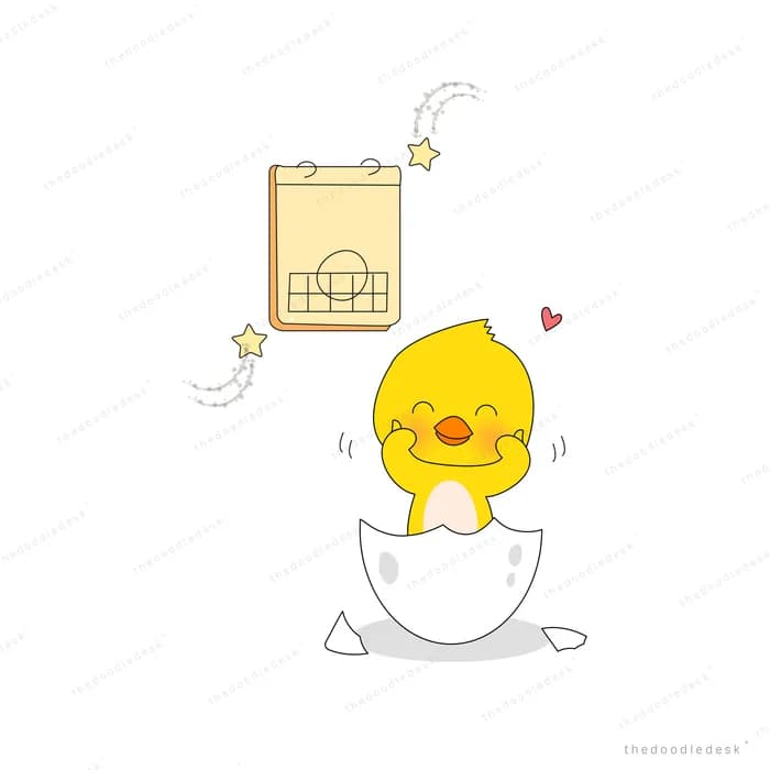 Yellow chick hatching from a cracked eggshell beside a wall calendar