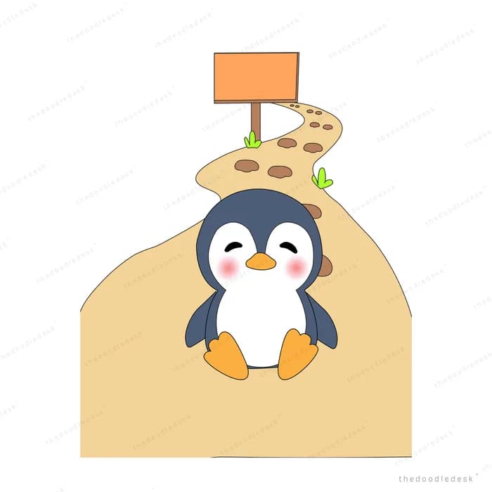 Penguin sitting at the foot of a sandy path leading up to a signpost