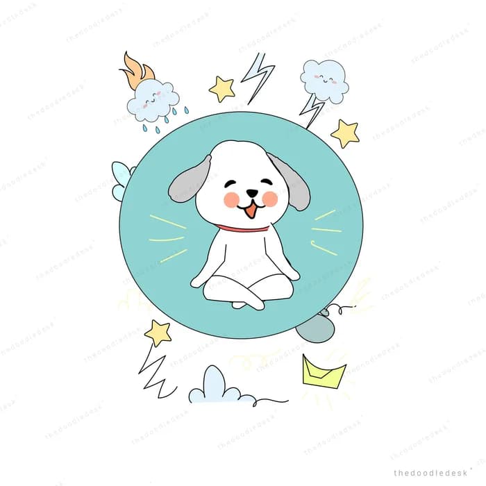 White dog sitting inside a teal circle surrounded by paper planes and small clouds