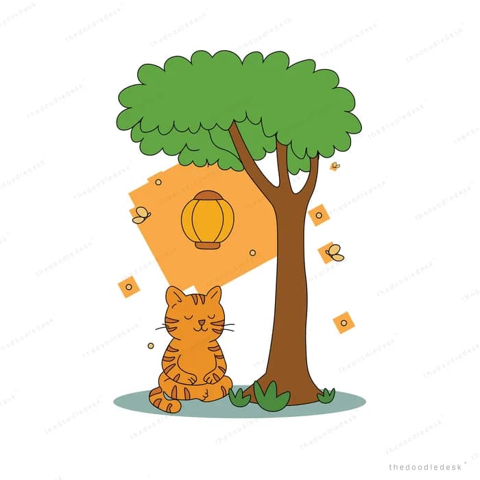 Striped orange cat sitting under a tree with a hanging lantern and fireflies