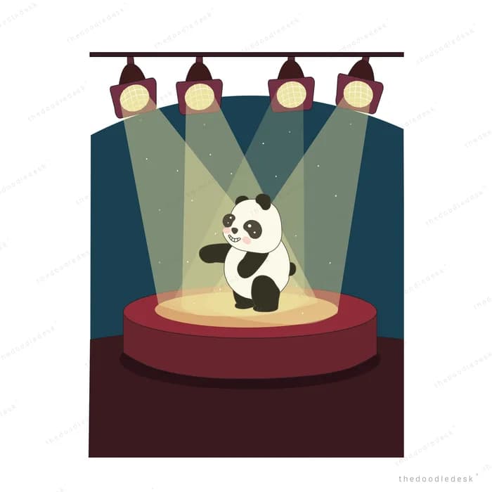 Panda standing on a round red stage under spotlights