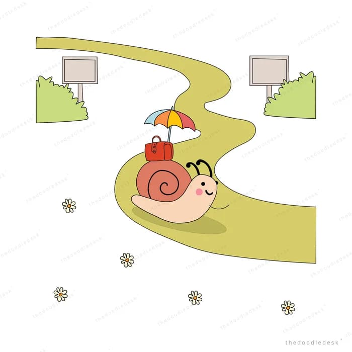 Snail carrying an umbrella along a winding yellow path past framed pictures
