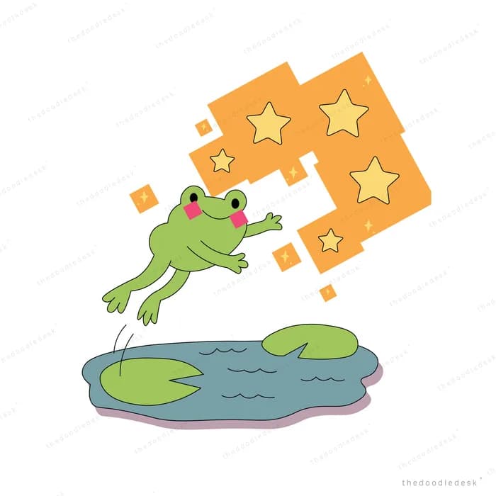 Green frog leaping from a lily pad over a pond amid golden stars