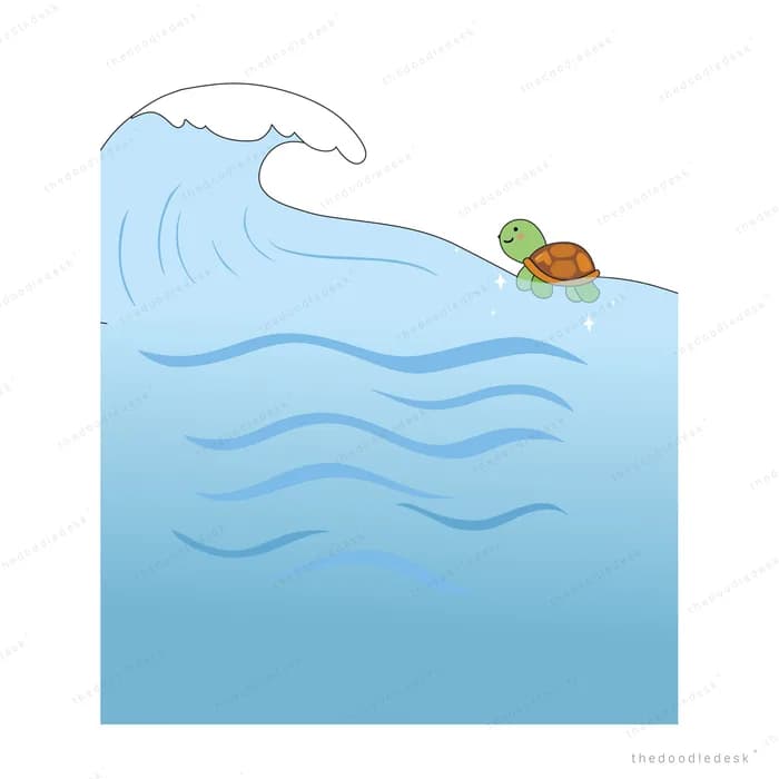 Small turtle riding the crest of a large blue wave