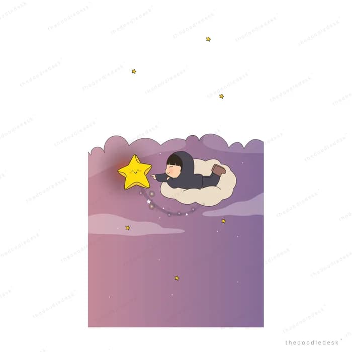 Small creature lying on a cloud holding a chained star lantern over a purple night panel
