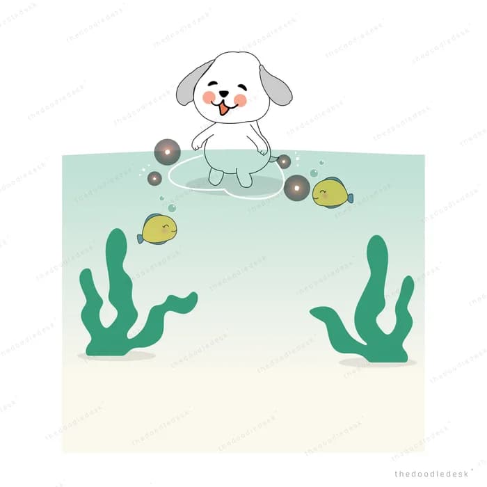 White dog sitting on a ledge above a teal underwater panel with seaweed and fish