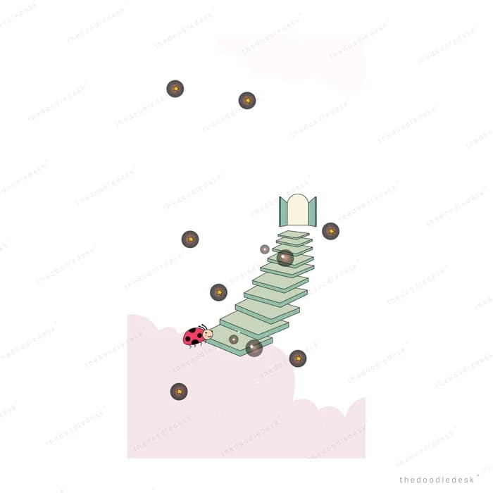 Ladybug climbing a green staircase toward an open book at the top of a pale pink slope