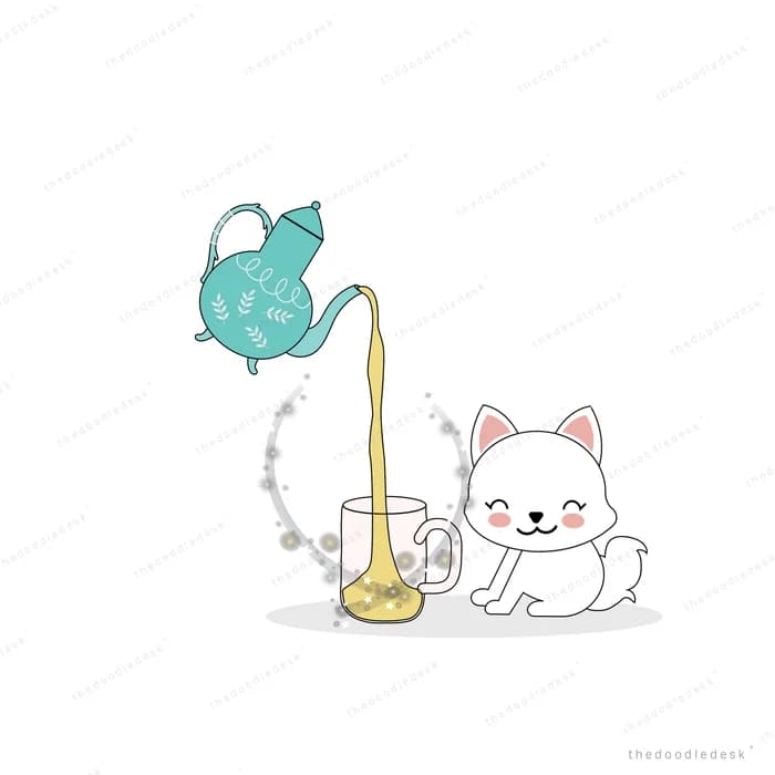 White cat sitting beside a teal watering can pouring a stream of beads