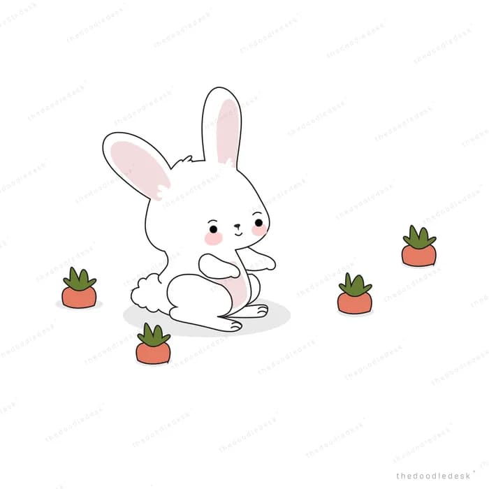 White rabbit sitting among small potted succulents