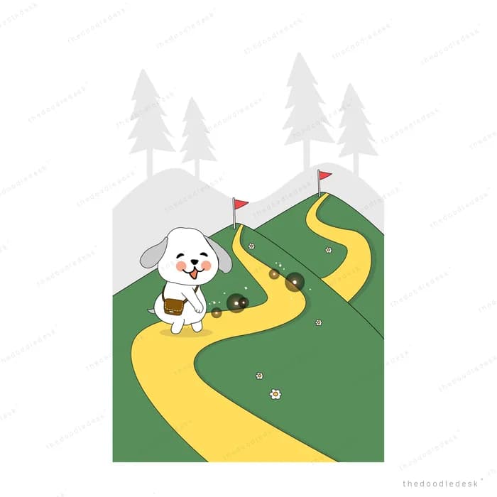 White dog on a green hill beside a winding yellow path marked with flags and mountains behind