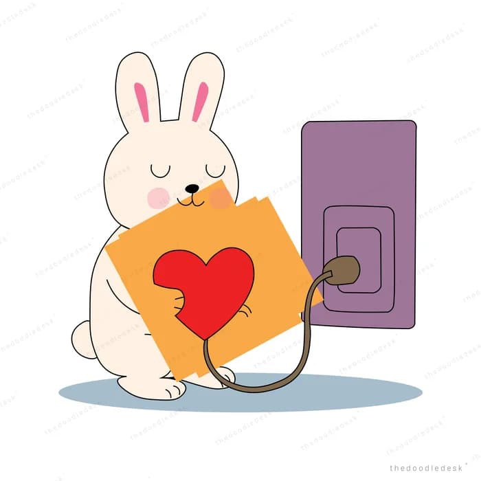 White rabbit hugging a glowing red heart plugged into a wall socket
