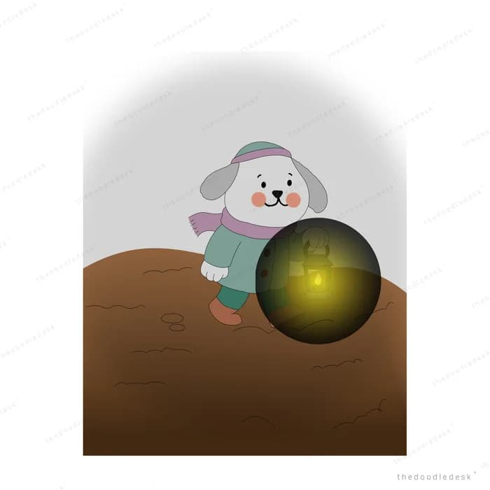 Dog in scarf and earmuffs pushing a large glowing orb up a brown hill