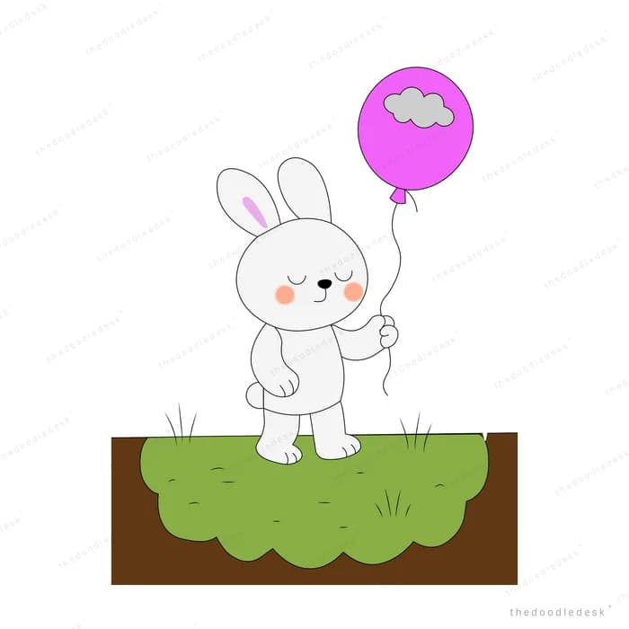 White rabbit holding a pink cloud balloon on a grassy patch of soil