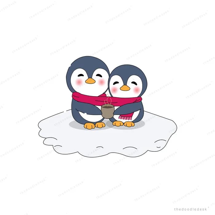 Two penguins wrapped in one red scarf standing on an ice floe