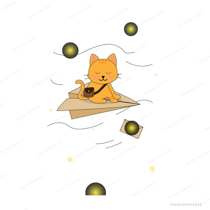 Orange cat riding a paper plane past glowing orbs