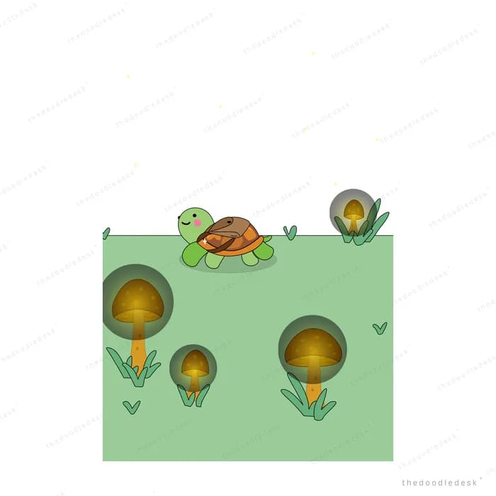 Turtle and snail on a green panel above glowing dandelion-like plants