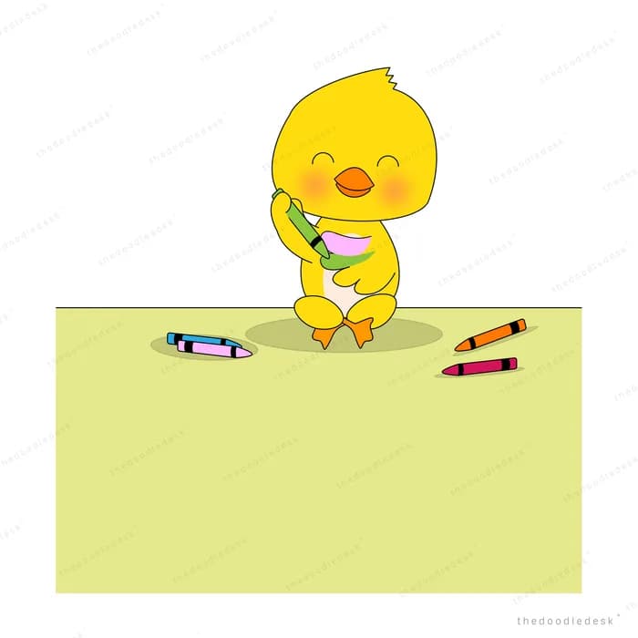 Yellow chick holding a crayon over a blank yellow panel with crayons scattered around