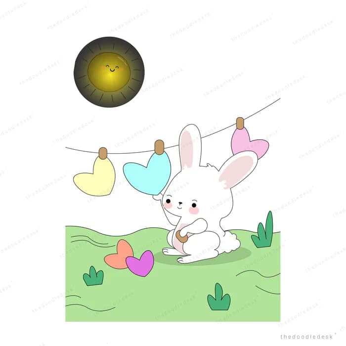 White rabbit sitting on grass beneath a string of hanging paper hearts
