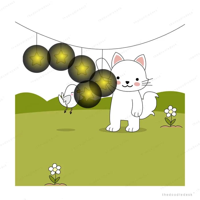 White cat standing on a green field beneath a string of hanging lanterns
