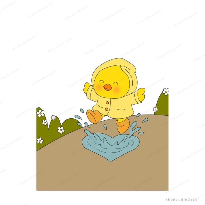 Yellow duckling splashing in a puddle on brown soil