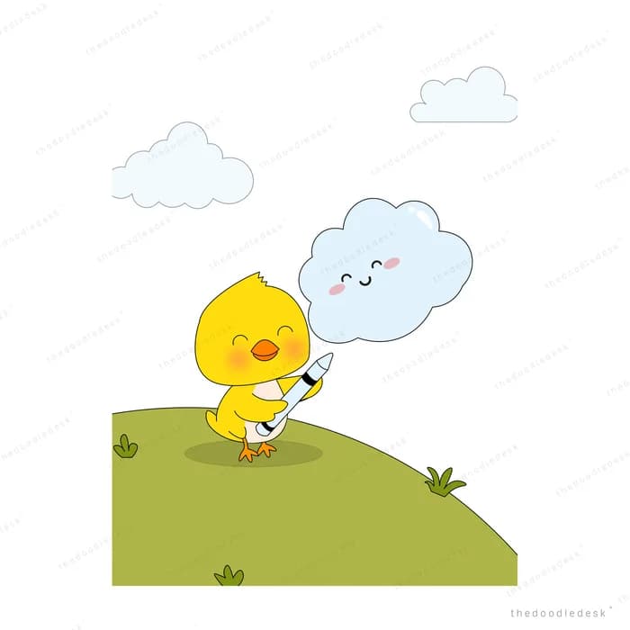 Yellow chick holding a pen on a green hill with a thought cloud above