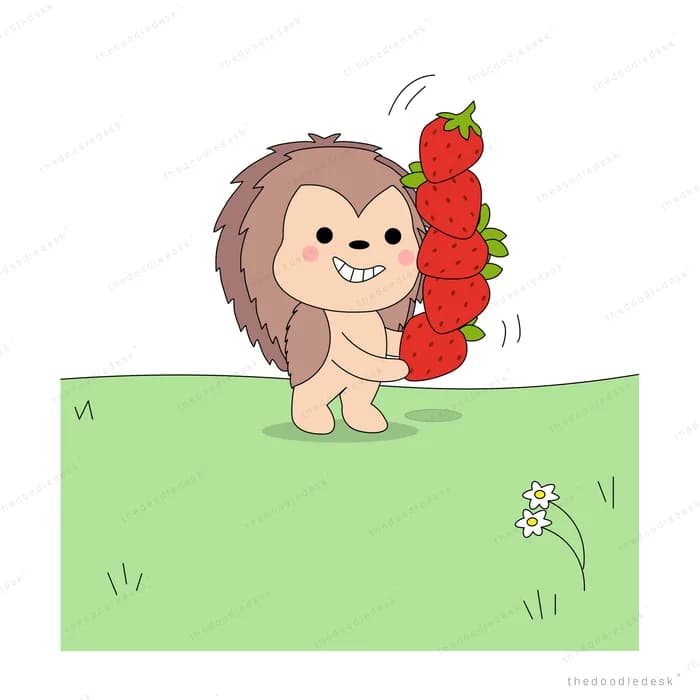 Hedgehog carrying a pile of strawberries on its back across a green field