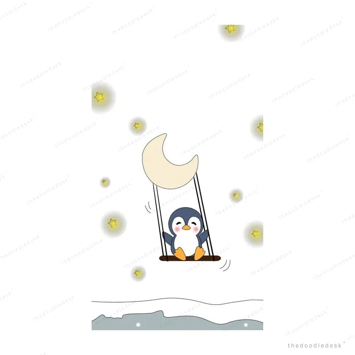 Penguin swinging on a crescent moon swing among floating glowing orbs