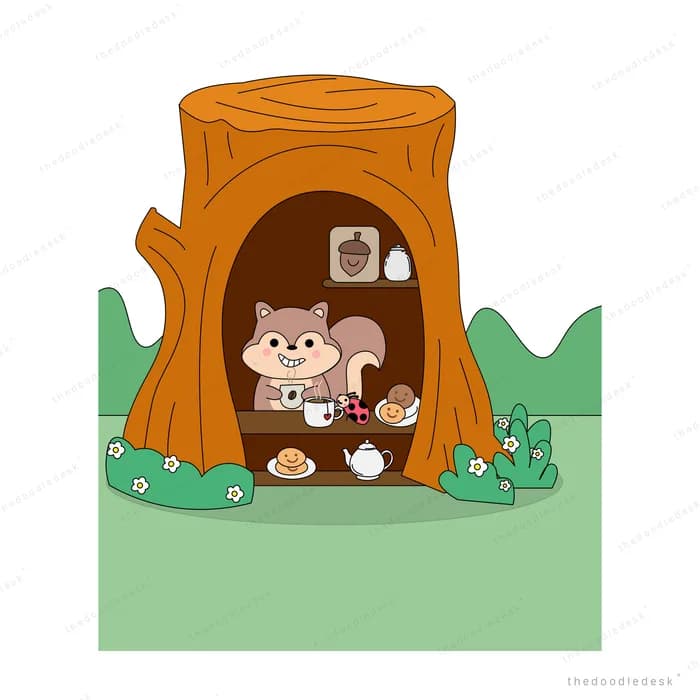 Two squirrels inside a hollow tree-trunk house with a teapot and cups