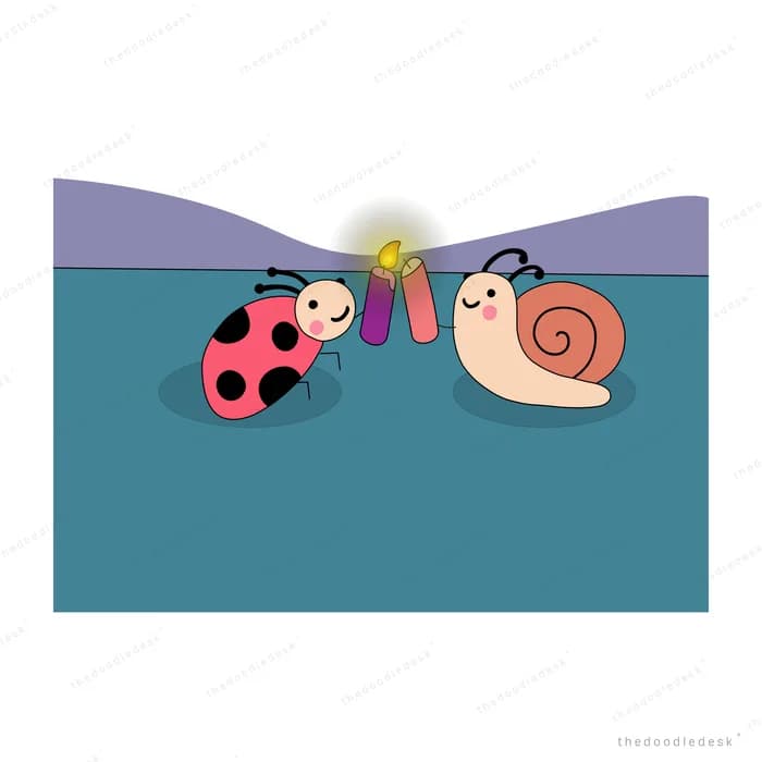 Ladybug and snail meeting under a glowing streetlamp on a teal panel
