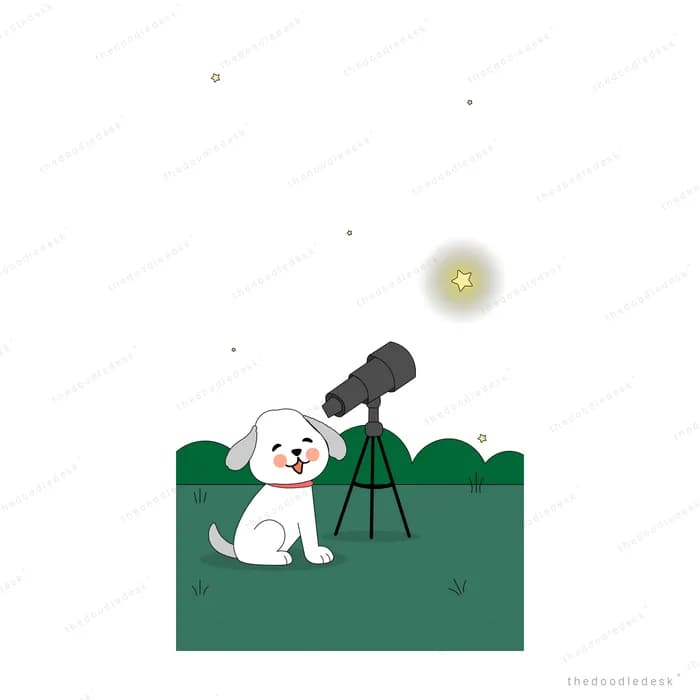White dog looking through a telescope at a glowing orb over a dark green hill