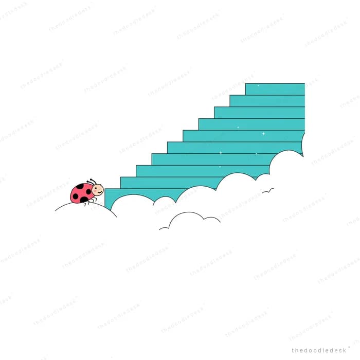 Ladybug at the foot of a teal staircase rising above the clouds