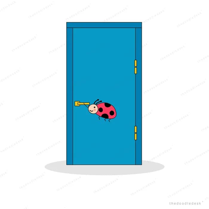 Ladybug blowing a trumpet in front of a closed blue door