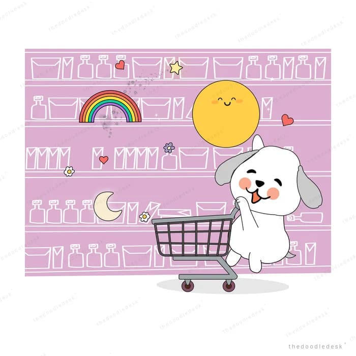 White dog pushing a shopping trolley down a pink shop aisle stocked with a sun, moon and rainbow