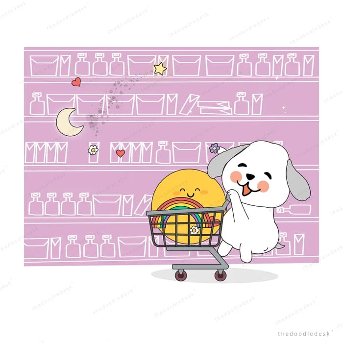 White dog beside a shopping trolley holding a full basket in a pink shop aisle