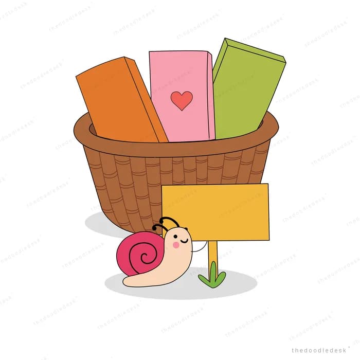 Snail beside a wicker basket full of books and a blank signpost