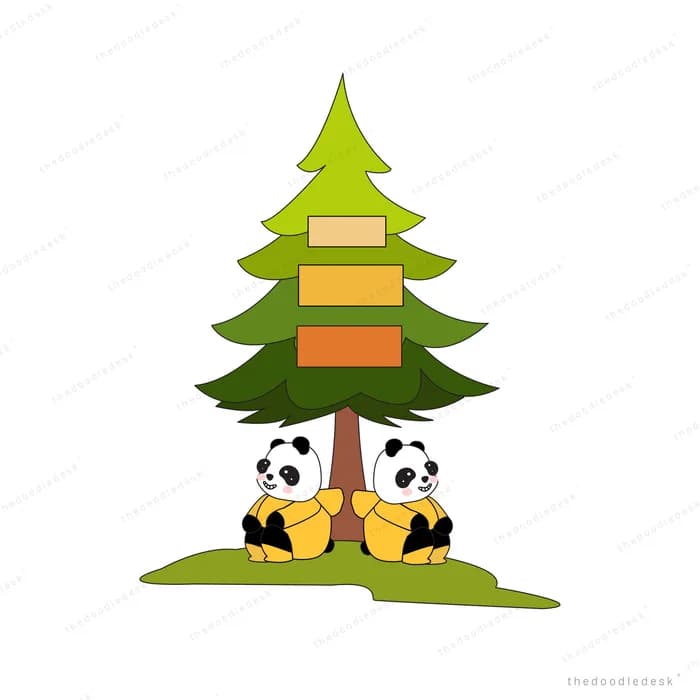 Two pandas sitting at the base of a tall pine tree hung with wooden signs