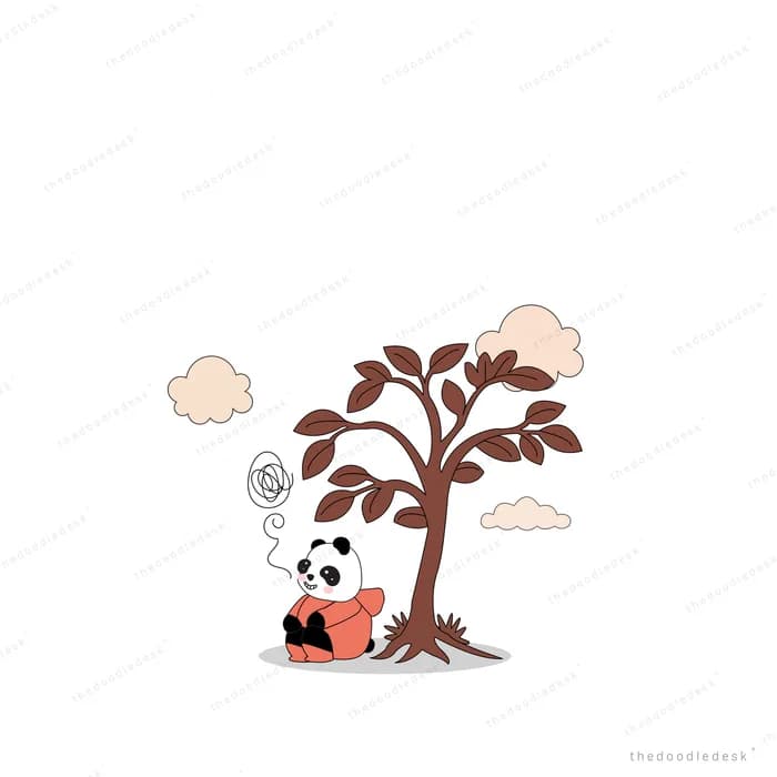 Panda sitting at the base of a bare tree with thought clouds drifting up