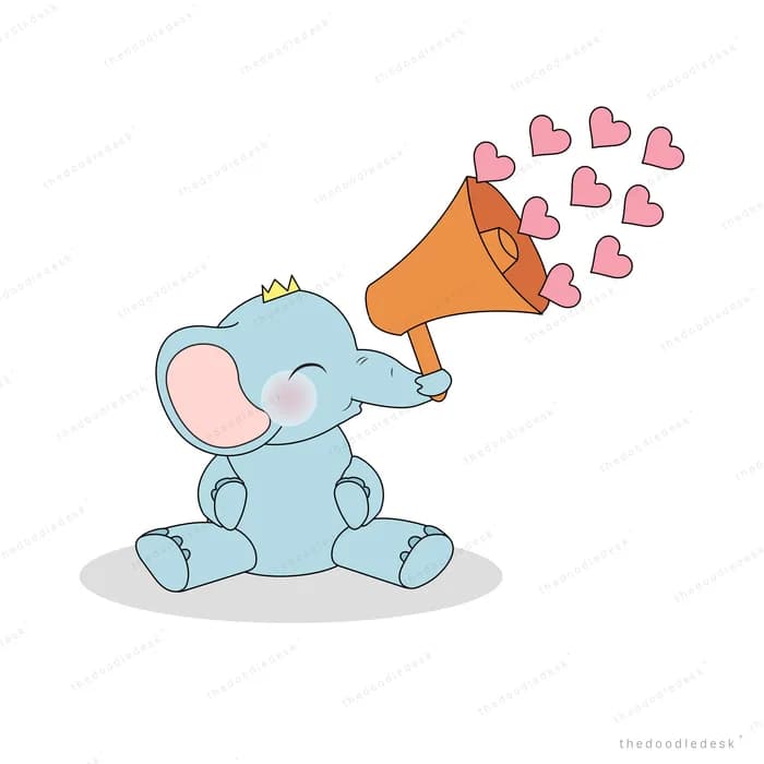 Elephant blowing a stream of hearts out of an orange megaphone