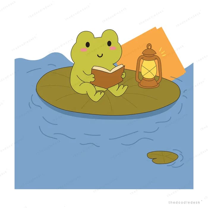 Frog reading a book on a lily pad island beside a glowing lantern