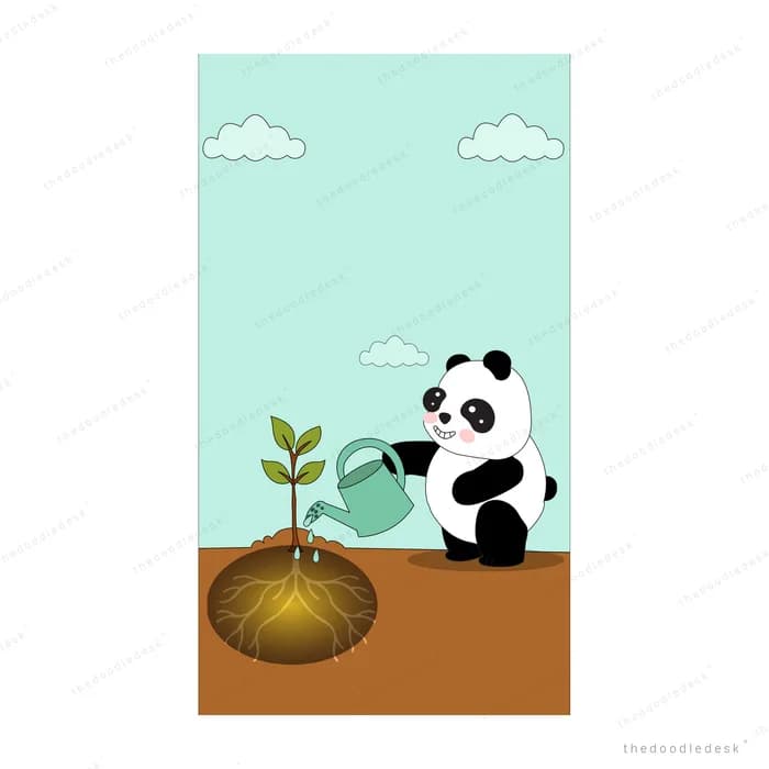 Panda watering a small seedling planted in a bed of soil