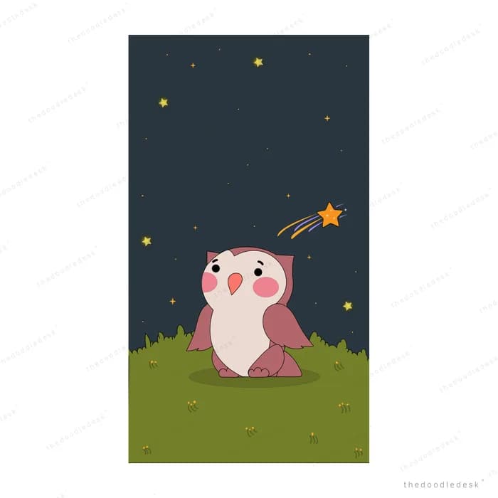 Pink owl sitting on grass at night watching a shooting star