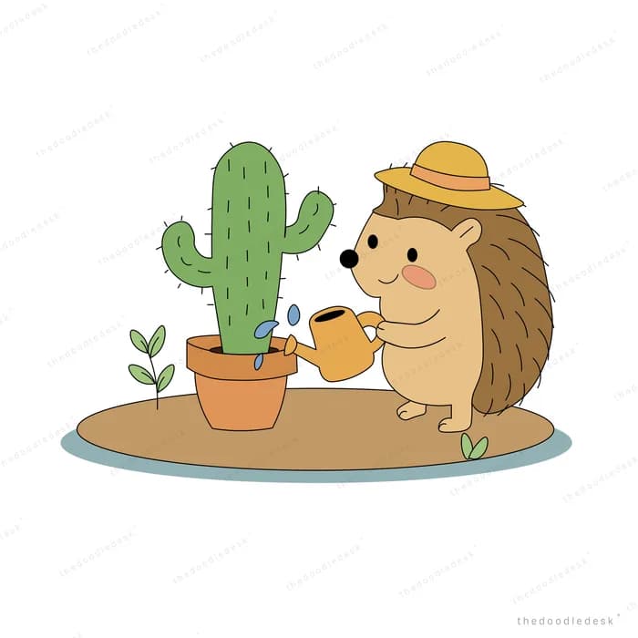 Hedgehog in a straw hat watering a potted cactus