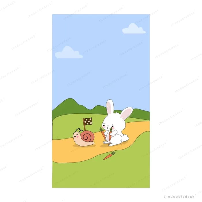 White rabbit and a snail meeting on a sandy path across a green field