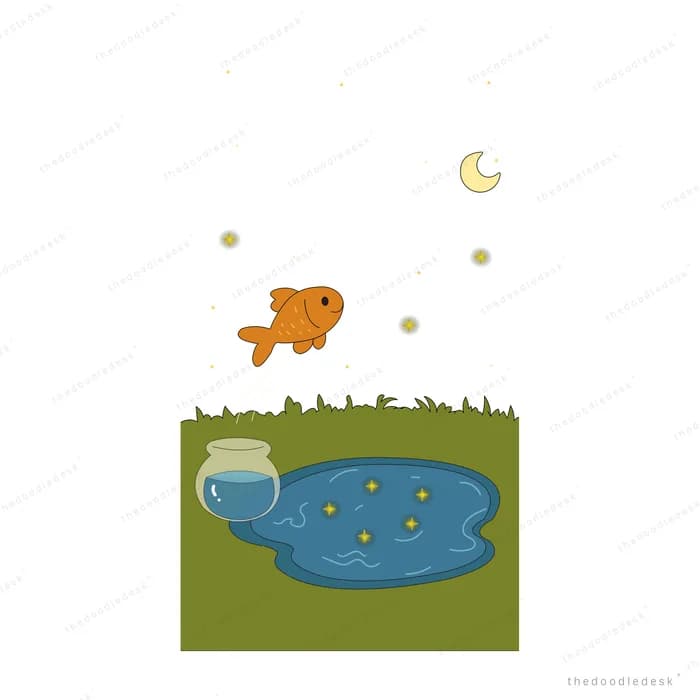 Goldfish leaping out of a small pond scattered with glowing orbs under a crescent moon